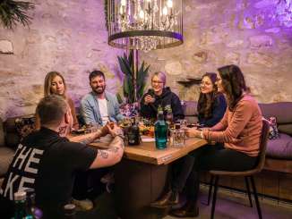 Eine Gruppe sitzt an einem Holztisch. Darauf steht eine Apéro-Platte und verschiedene Gin-Flaschen zum degustieren.