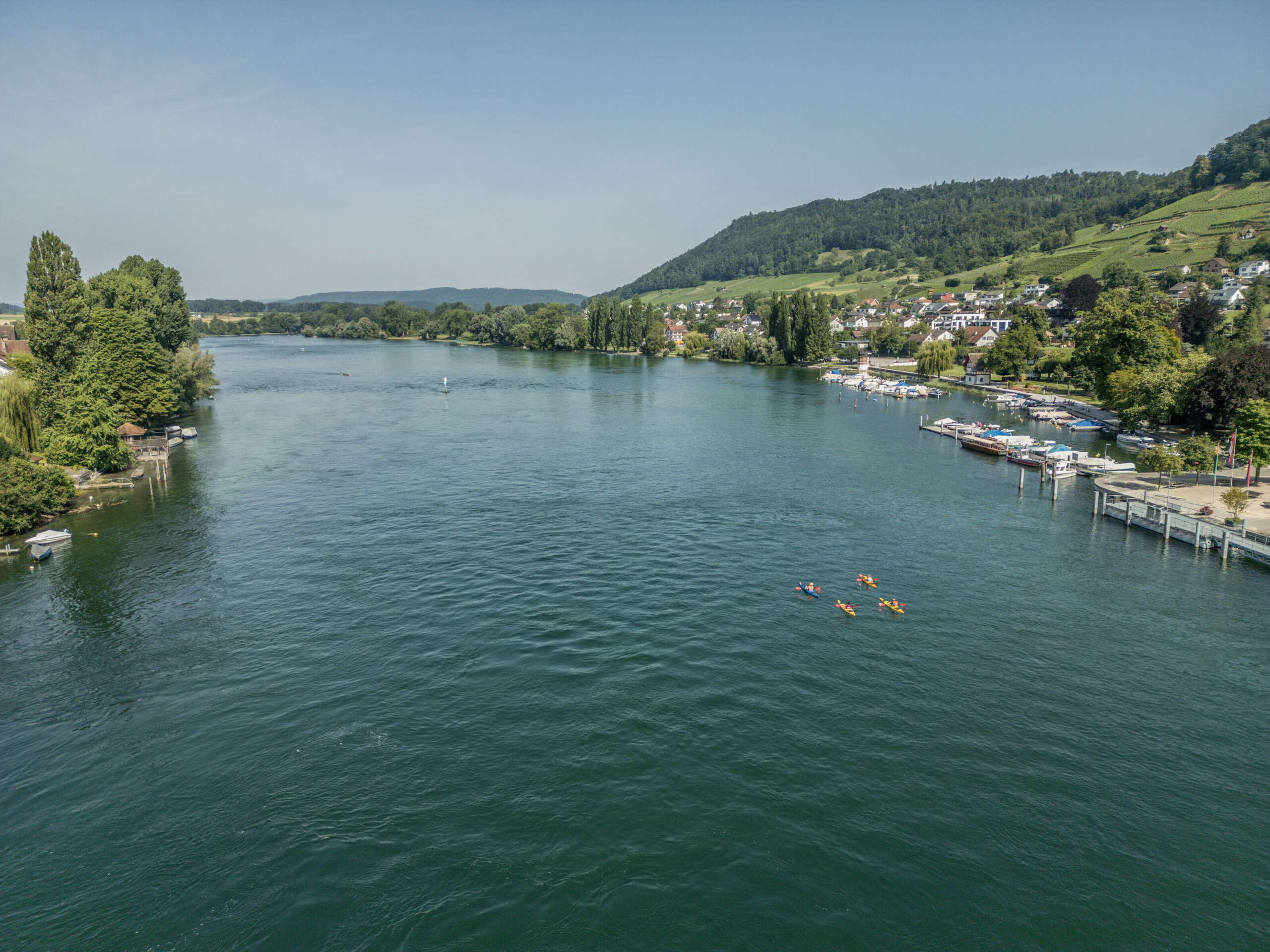 Stein am Rhein, Kanu, Drohne, Morgen, Rhein, von oben, Sommer, Juli