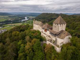 Burg Hohenklingen Sommer Eine alte Burg auf einem Hügel. Umrundet von einem Wald. Im Hintergrund sind ein paar Häuser sowie ein Fluss zu sehen.