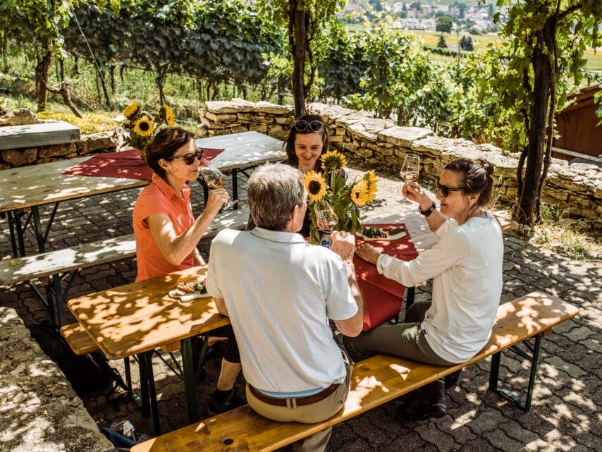 Vier Freunde machen eine Pause in einem gemütlichen Rebhäuschen umgeben von Reben. Sie trinken einen feinen Wein und geniessen den Sommertag.