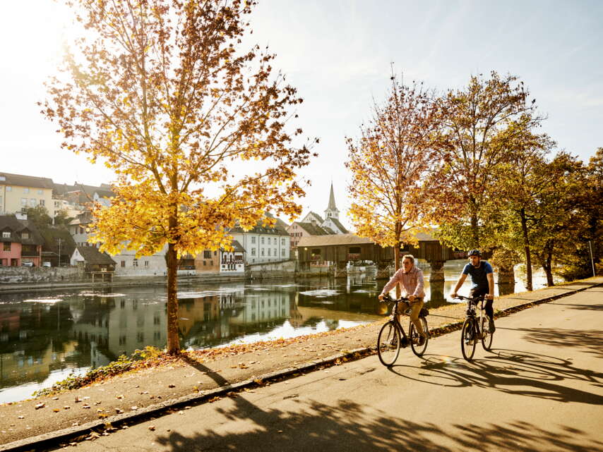 Zwei Velofahrer auf einer Velotour im Herbst in Diessenhofen. Sie fahren direkt am Rhein. Am Wegrand sind bunte Bäume und im Hintergrund ist die Holzbrücke von Diessenhofen und das Städtchen zu sehen.