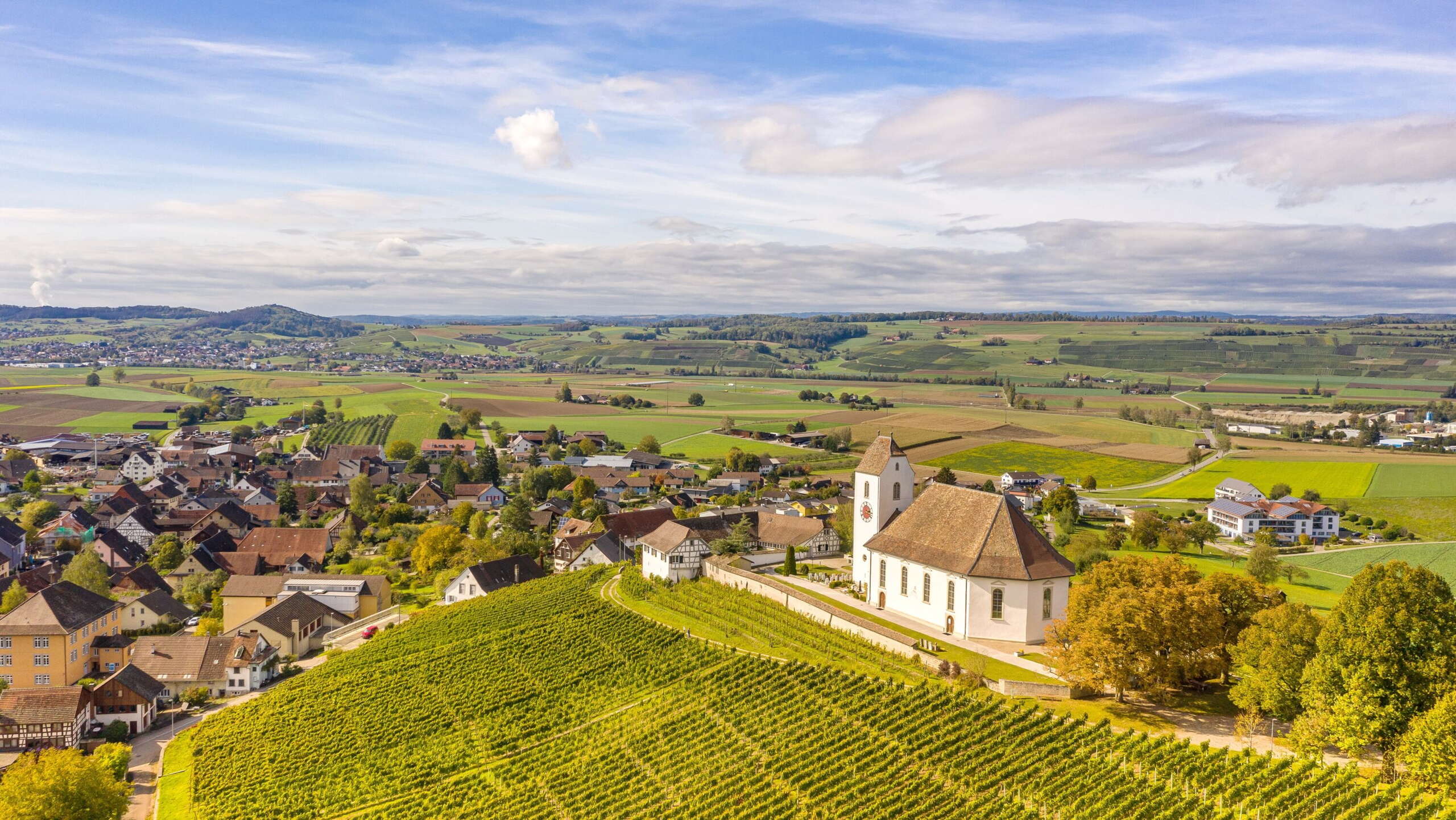 Blick auf das Wilchinger Dorf mit Kirche. Im Vordergrund sieht man Reben und im Hintergrund hat man einem Weitblick auf Dörfer und Landschaft.