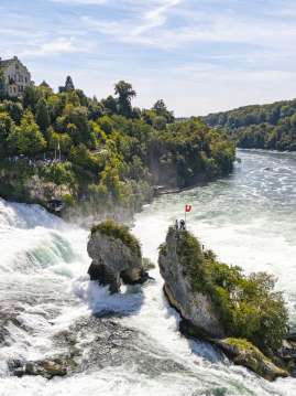Blick von hinten auf die beiden Rheinfallfelsen und das Schloss Laufen. Im Becken fahren diverse Boote.