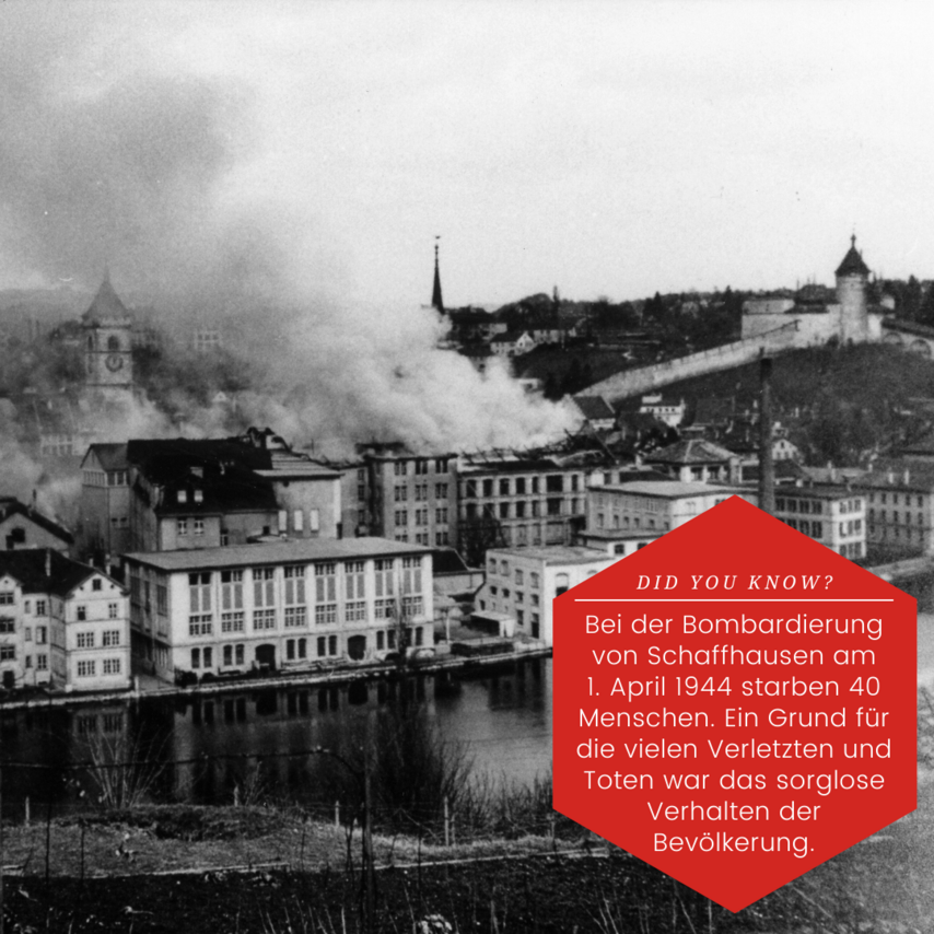 Bilder der Bombardierung von Schaffhausen am 1. April 1944 mit einem Fakt zur Bombardierung.