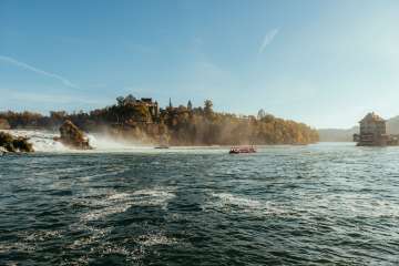 Rheinfall im Herbst Blick auf den grössten Wasserfall Europas. Im Becken fahren Boote, die Bäume tragen goldiges Herbstlaub und man sieht das Schloss Laufen und Schlössli Wörth.