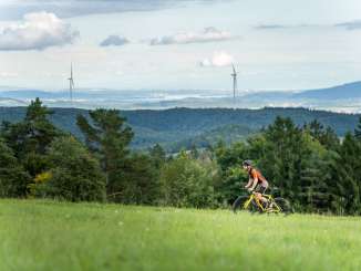 Ein Mann fährt mit seinem Gelben Gravelbike über einen Feldweg. Im Hintergrund hat man einen weiten Blick auf Wälder, Windräder und einen See.