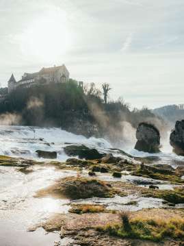 Blick von hinten auf die beiden Rheinfallfelsen und das Schloss Laufen. Die Luft ist winterlich klar und die Sonne reflektiert im Wasser.