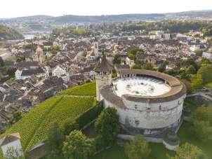 Munot Schaffhausen Blick von oben auf die Runde Festung und den Rebhang. Hinter der Festung blickt man auf die Schaffhauser Altstadt.