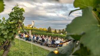 An einer langen tafel in den Reben sitzen Menschen zusammen und essen. Im Hintergrund sieht man die Bergkirche Hallau.