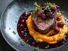 Ein Stück Fleisch ist auf einem Teller angerichtet.