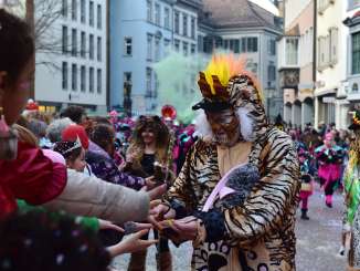 Ein Fasnachtsumzug. Ein Mann im Tigerkostüm ist im Fokus. Er verteilt Süssigkeiten an Kinder.