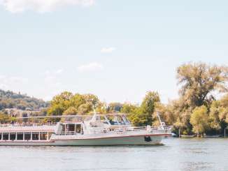 Ein grosses weisses Kursschiff fährt auf dem Rhein. Das Ufer ist mit Bäumen bedeckt.