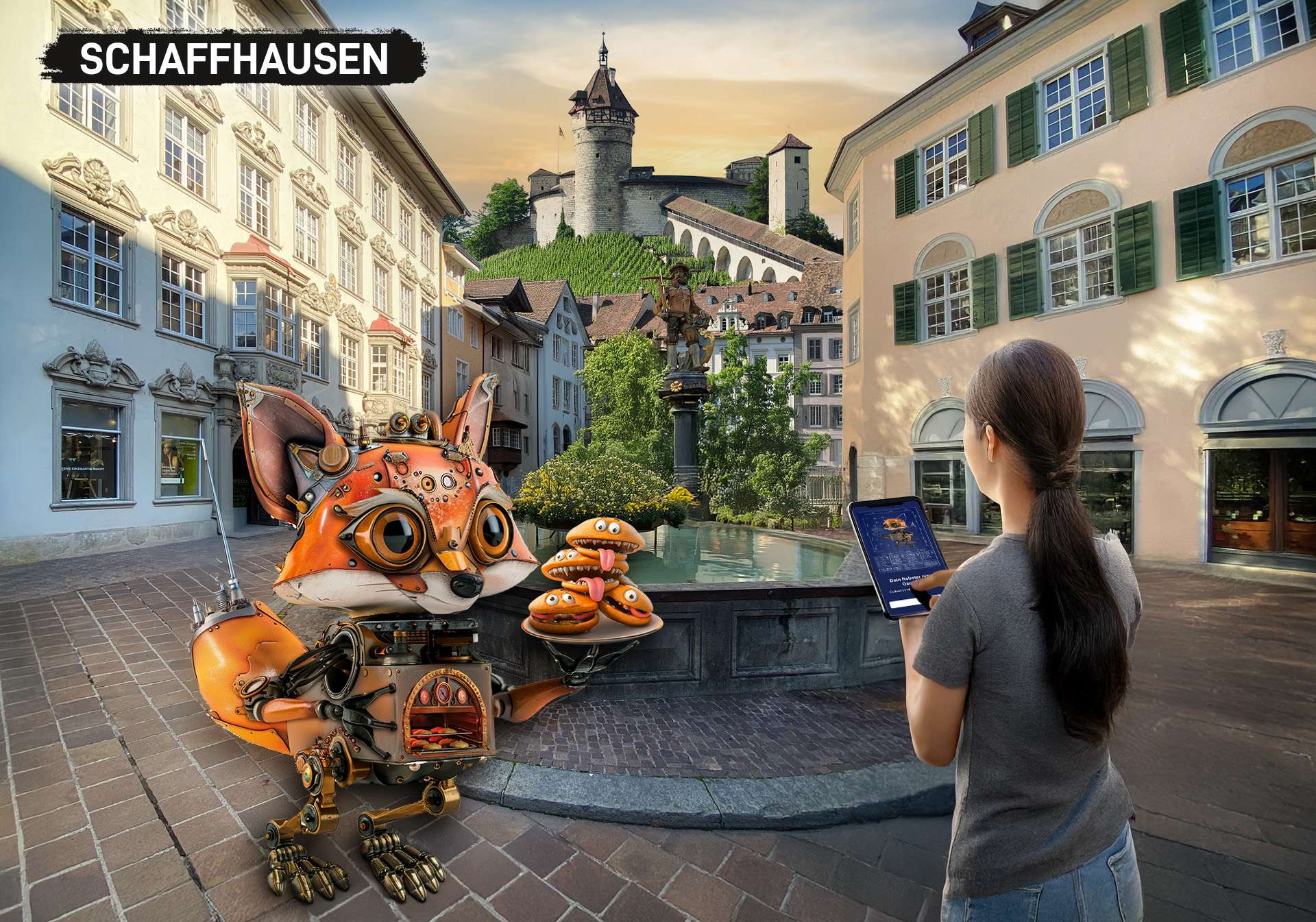 Eine Frau löst auf ihrem Tablet ein digitales Rätsel. Sie steht in der Schaffhauser Altstadt vor einem Brunnen mit der Festung Munot im Hintergrund.