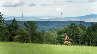 Ein Mann fährt mit seinem Gelben Gravelbike über einen Feldweg. Im Hintergrund hat man einen weiten Blick auf Wälder, Windräder und einen See.