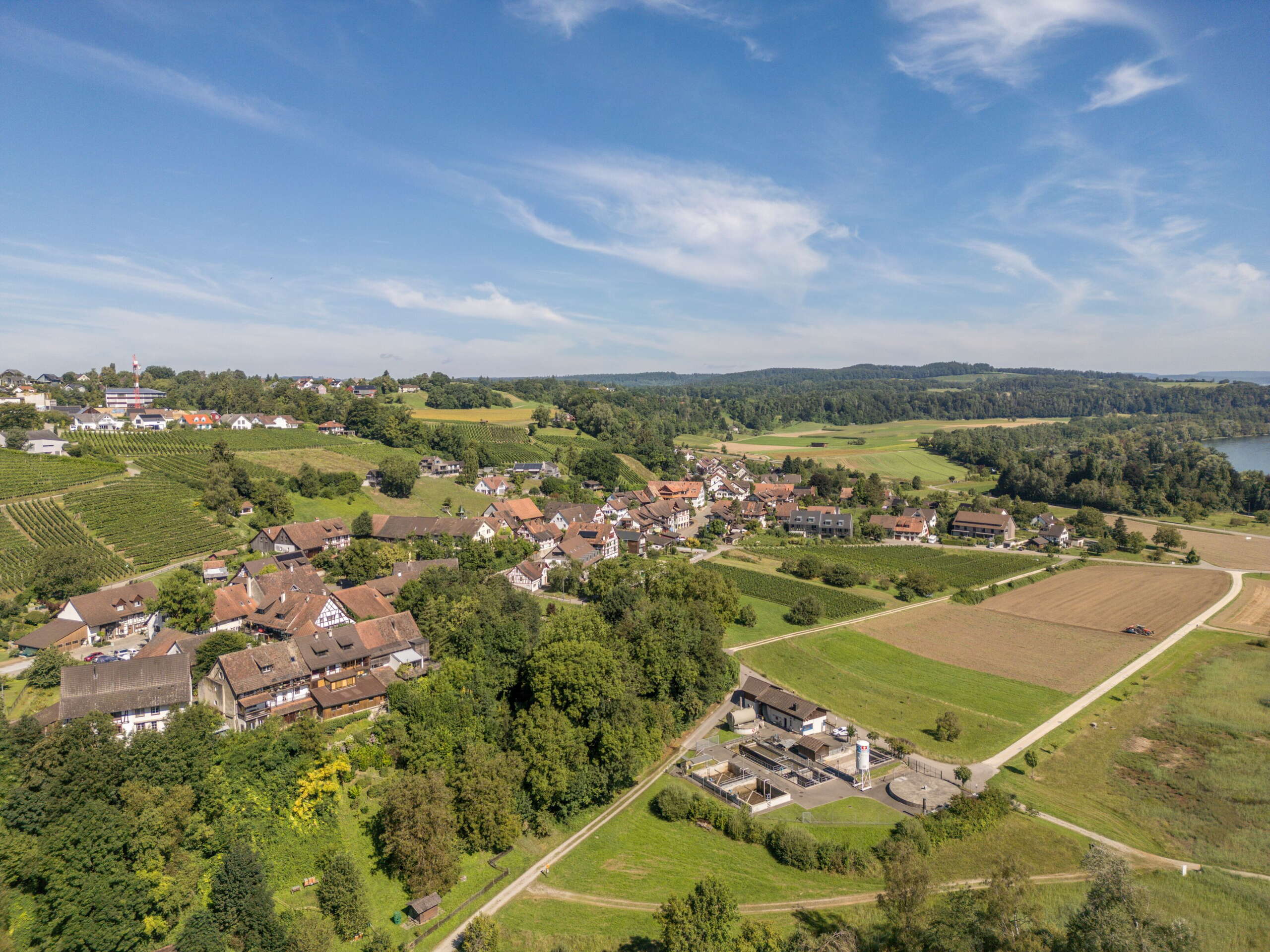 August, Drohne, Dorf, Rüdlingen, von oben, Sommer