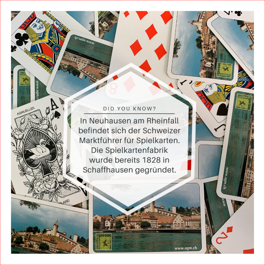 Bild von der Rückseite von Spielkarten mit Fakt zur Spielkartenfabrik in Neuhausen am Rheinfall