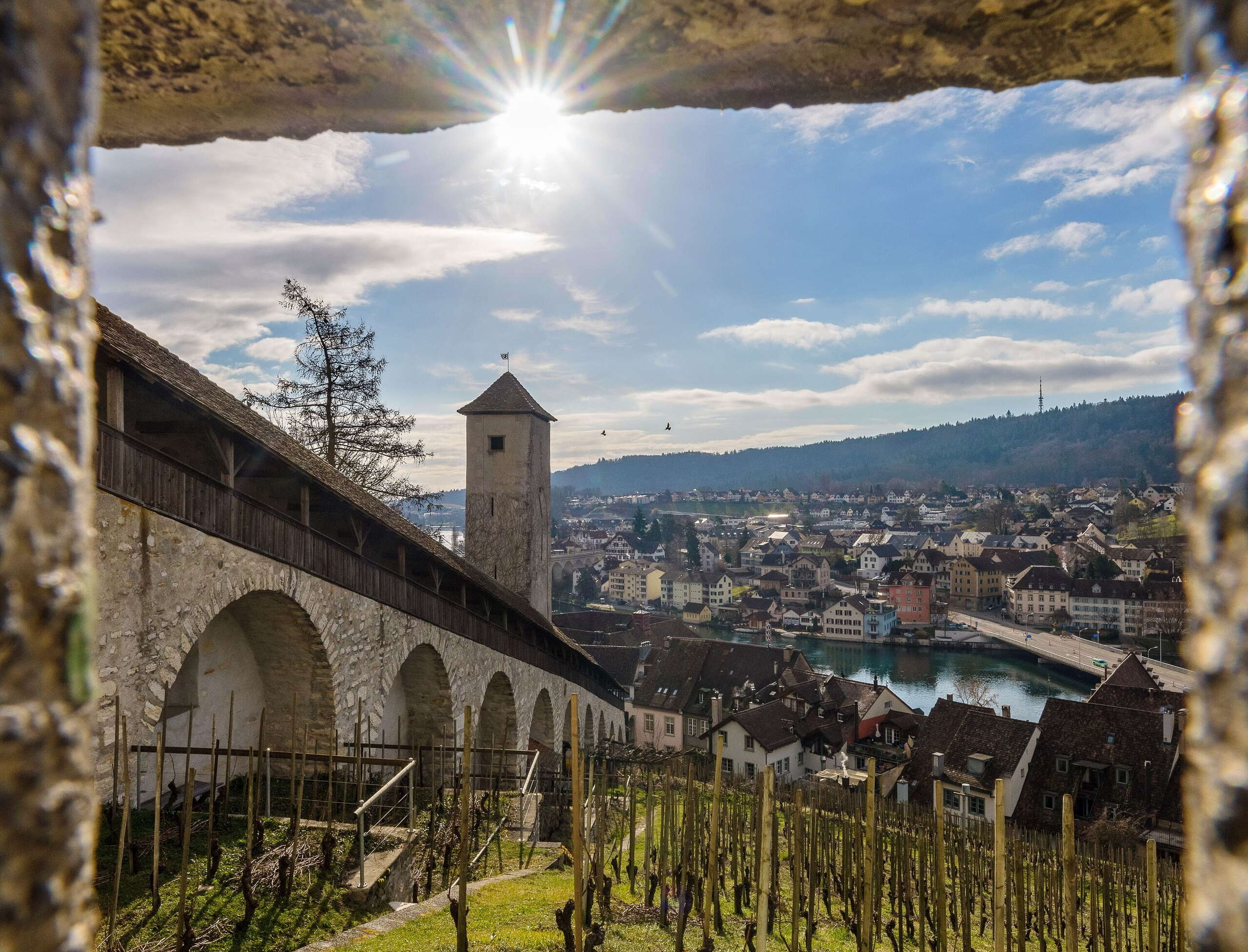 Aussicht im Februar vom Munot Schaffhausen über Feuerthalen, den Weinberg am Munot, den Rhein und den Wehrgang. Blauer Himmel und strahlende Sonne.