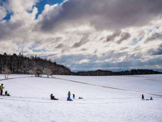 Schlitteln auf dem Randen Mehrere Familien schlitteln einen kleinen schneebedeckten Hügel hinunter. Im Hintergrund sieht man den Waldrand.